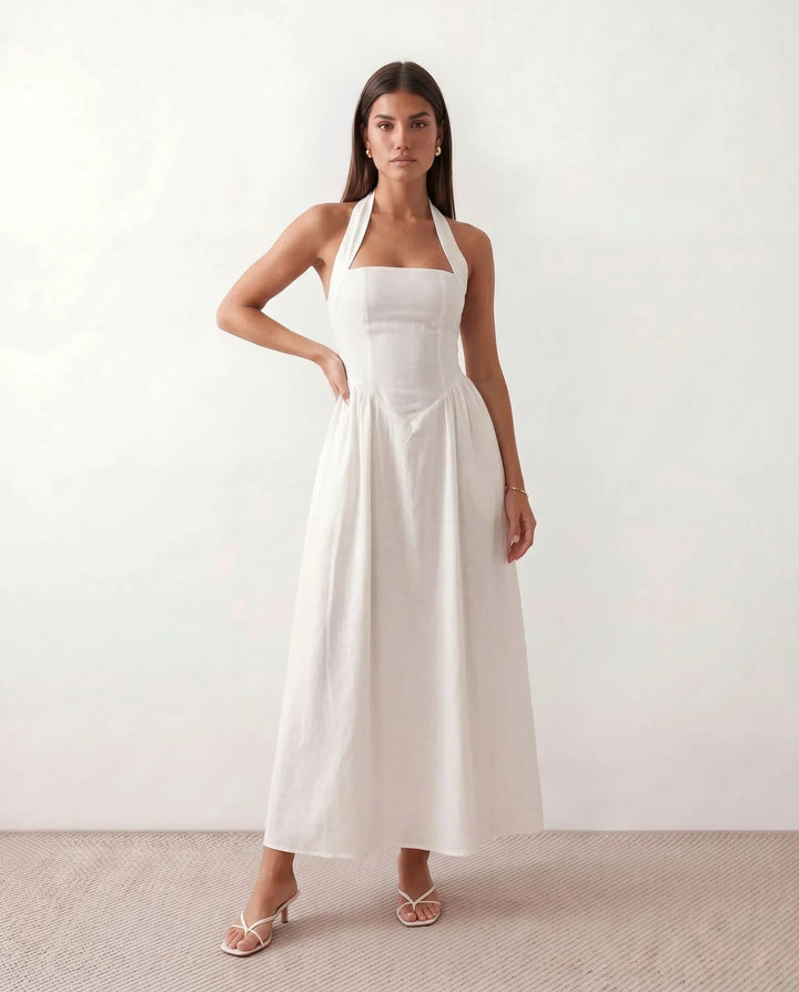 Elegant Aurora Women's Halter Maxi Dress with Basque waist, perfect for summer parties or evening wear.