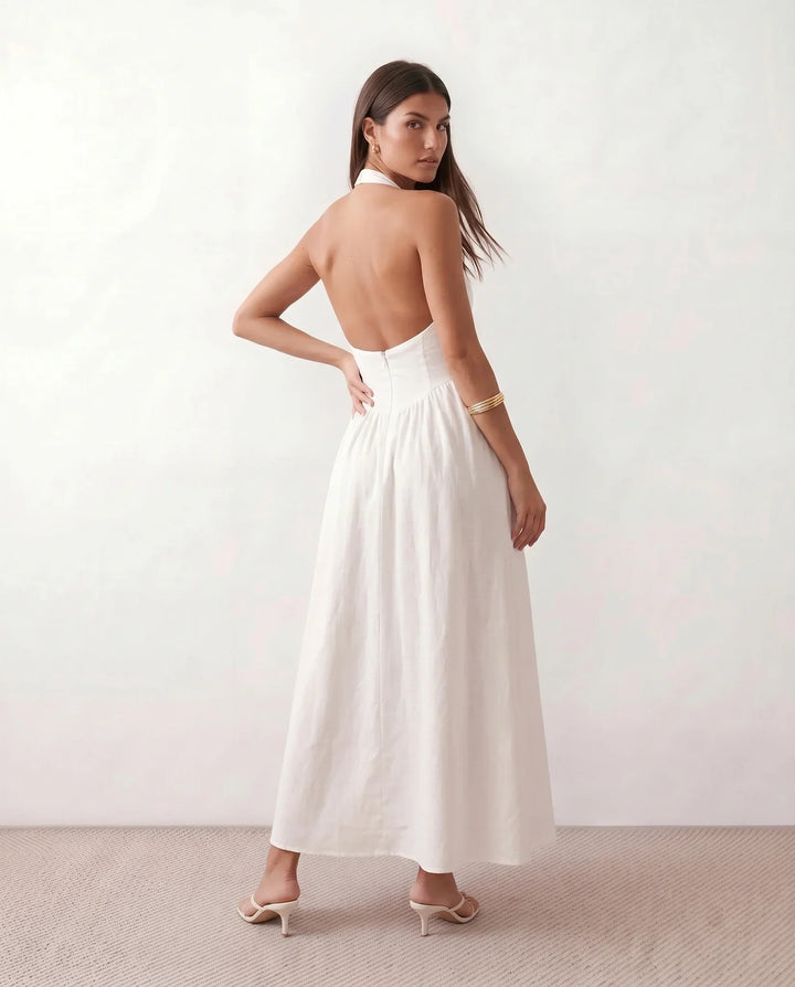 Long Aurora women's halter dress with a beautiful basque waist, perfect as an elegant evening or summer party dress.
