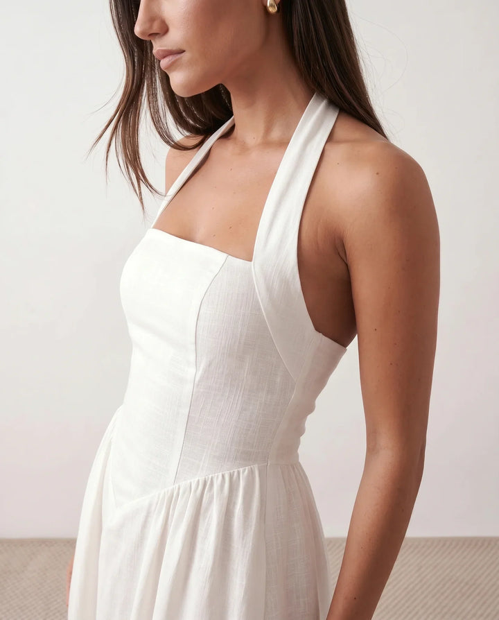 Graceful Aurora Women's Halter Maxi Dress. Flowy fabric and elegant Basque waist, suitable for any special occasion.