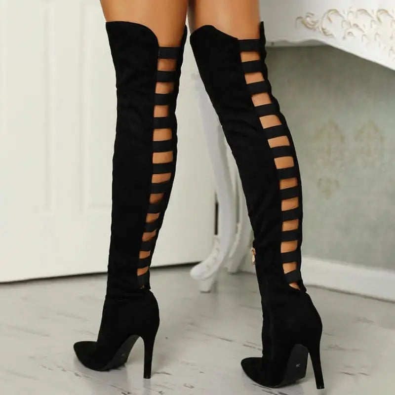 Elegant Ava Women's Thigh-High Open-Toe Boots, perfect chic statement footwear.