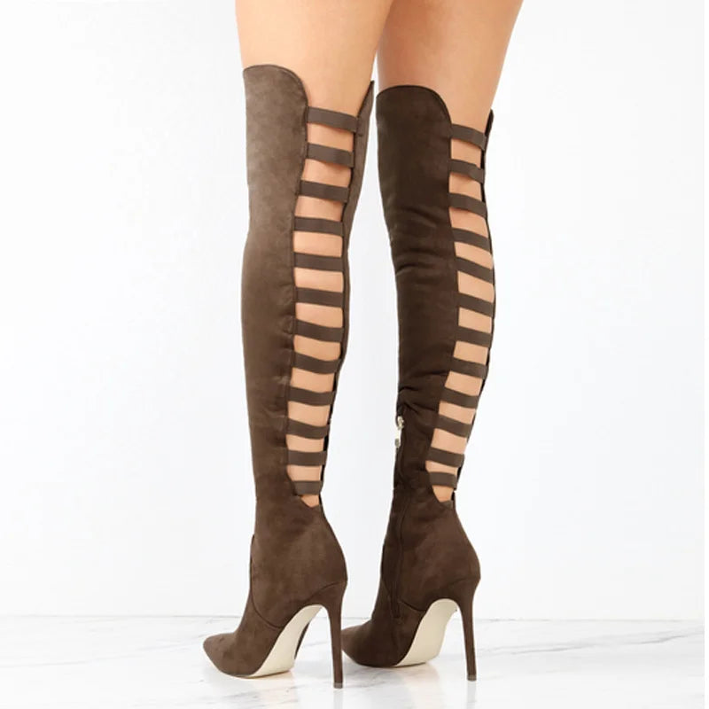 Chic Ava Thigh-High Open-Toe Boots for women, sleek design making a bold fashion statement.