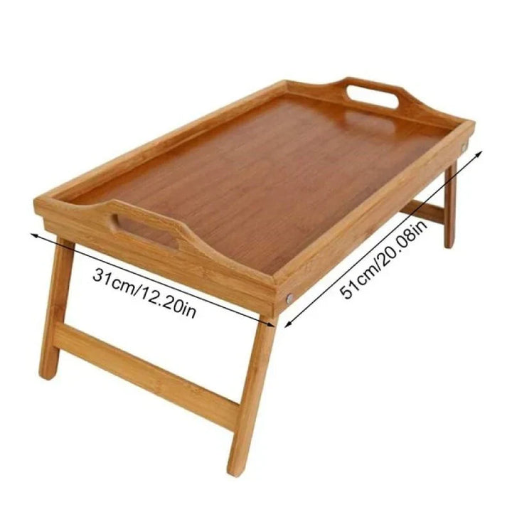 Convenient bamboo folding bed tray table for breakfast, snacks, or holding a laptop; portable home decor.