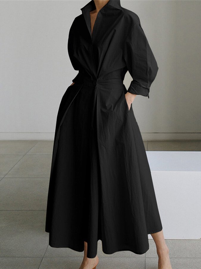 Versatile button-front midi shirt dress for women. Elegant, timeless style in beige, black, or army green. Chic.