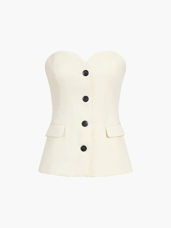 Formal beige women's two-piece evening wear set; includes a stylish corset-style top and flowing wide-leg pants.