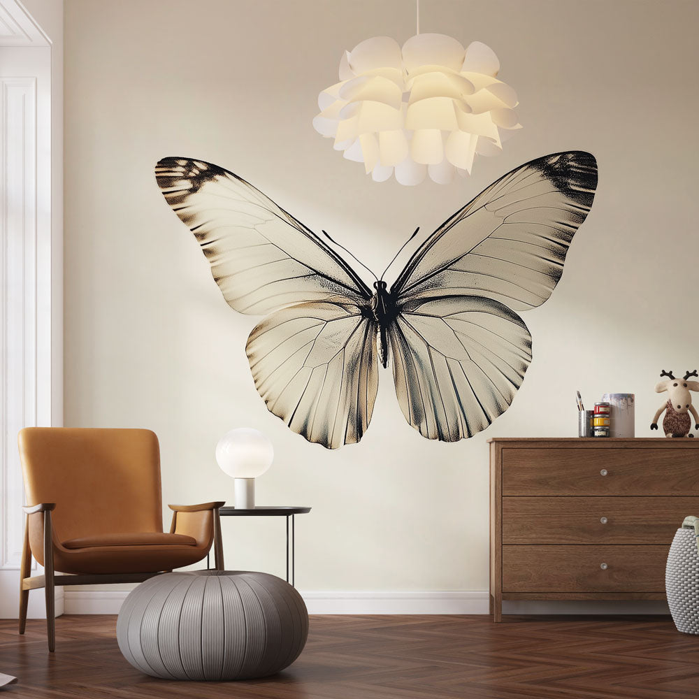 Elegant black and white butterfly wallpaper mural, monochrome nature decor, peel and stick for home.