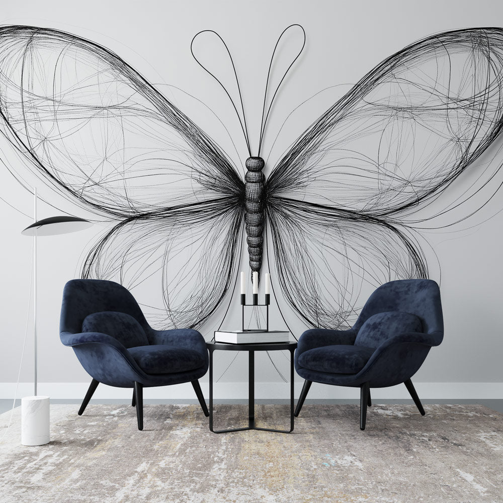 Elegant black-and-white floral wall mural with modern line-art butterflies, perfect for stylish home decor.