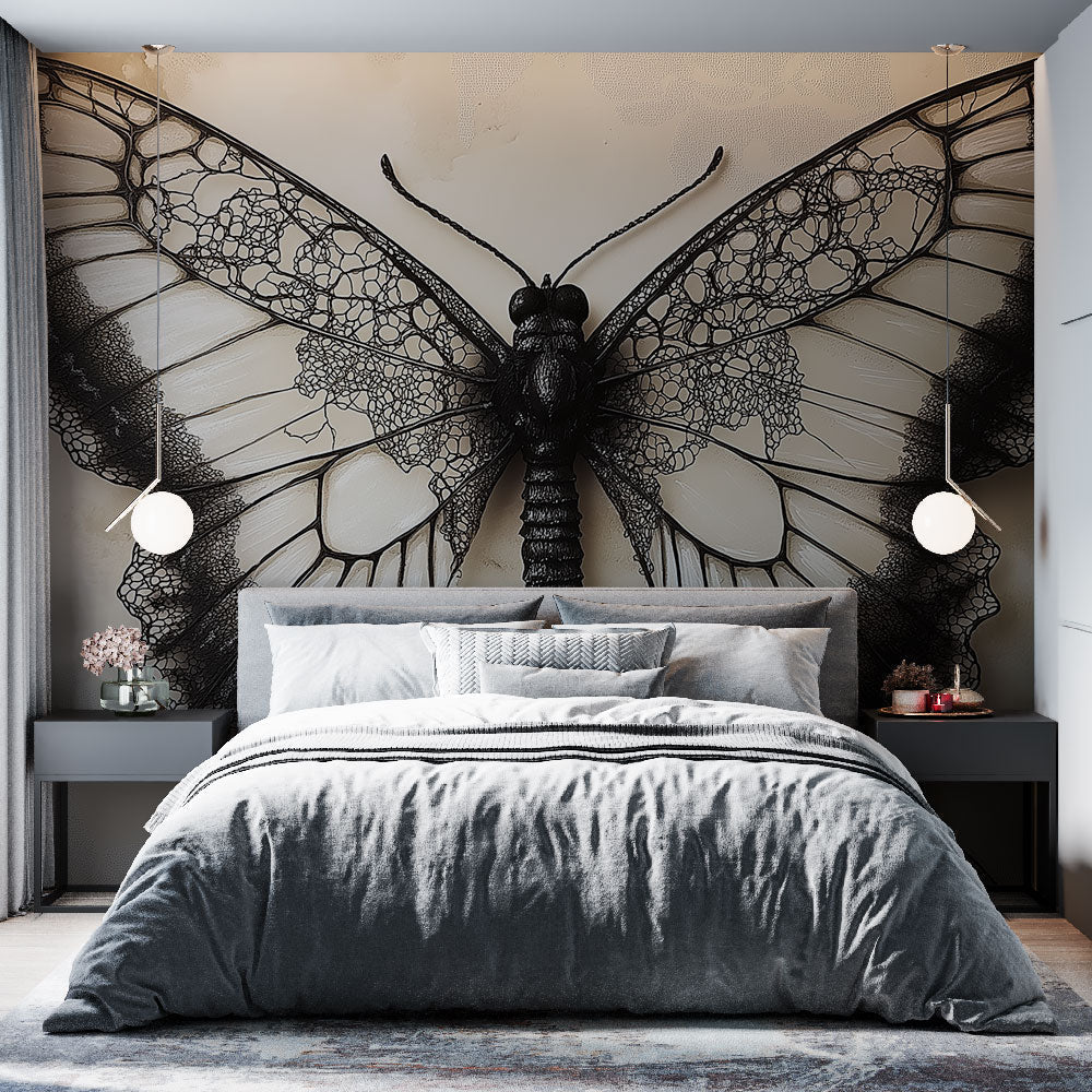 Elegant black butterfly wall mural with white floral accents. Modern peel and stick wallpaper for stylish home decor.