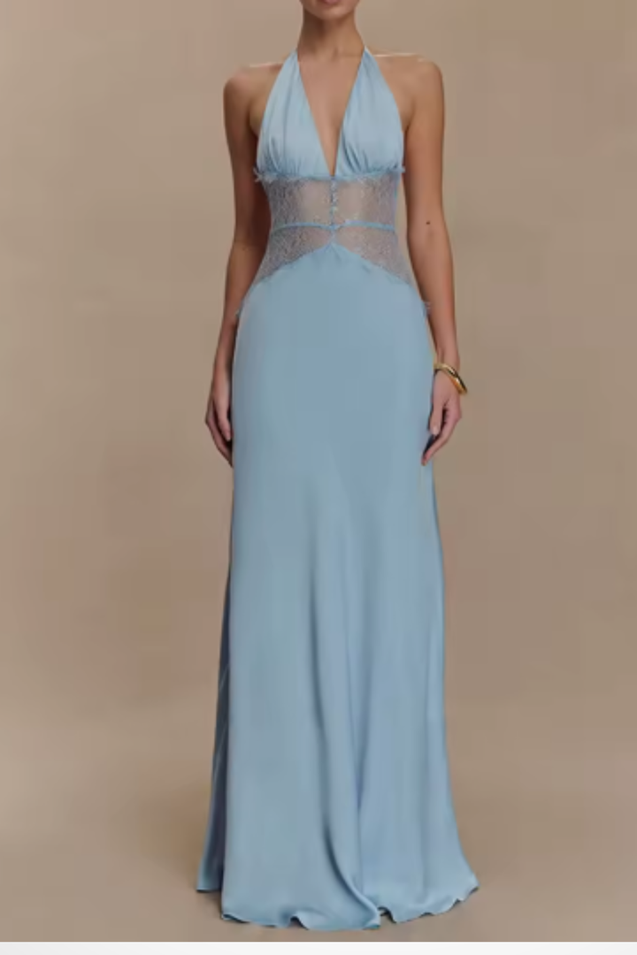 Chic white backless halter neck maxi dress, an elegant women's evening gown for formal events.
