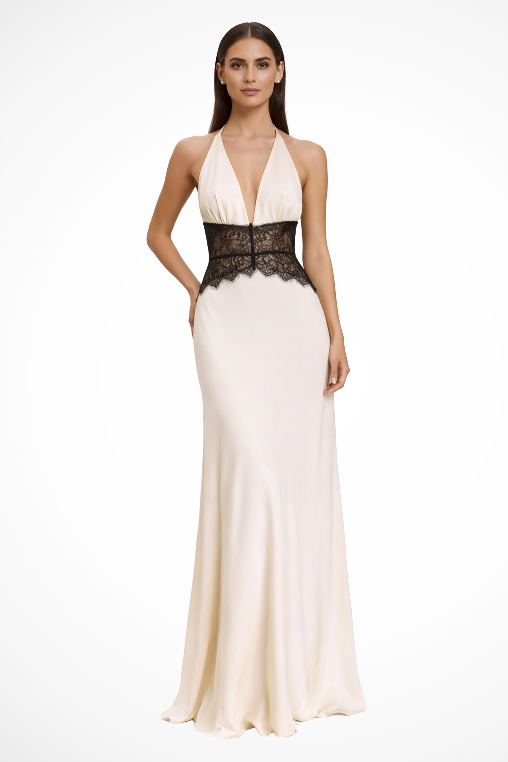 Formal women's backless halter neck maxi dress, an elegant gown perfect for evening wear & events.