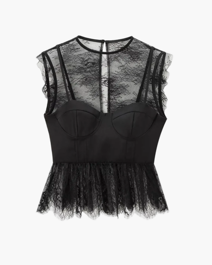 Elegant black lace trim corset peplum top for women. Stylish structured blouse, perfect for party wear.
