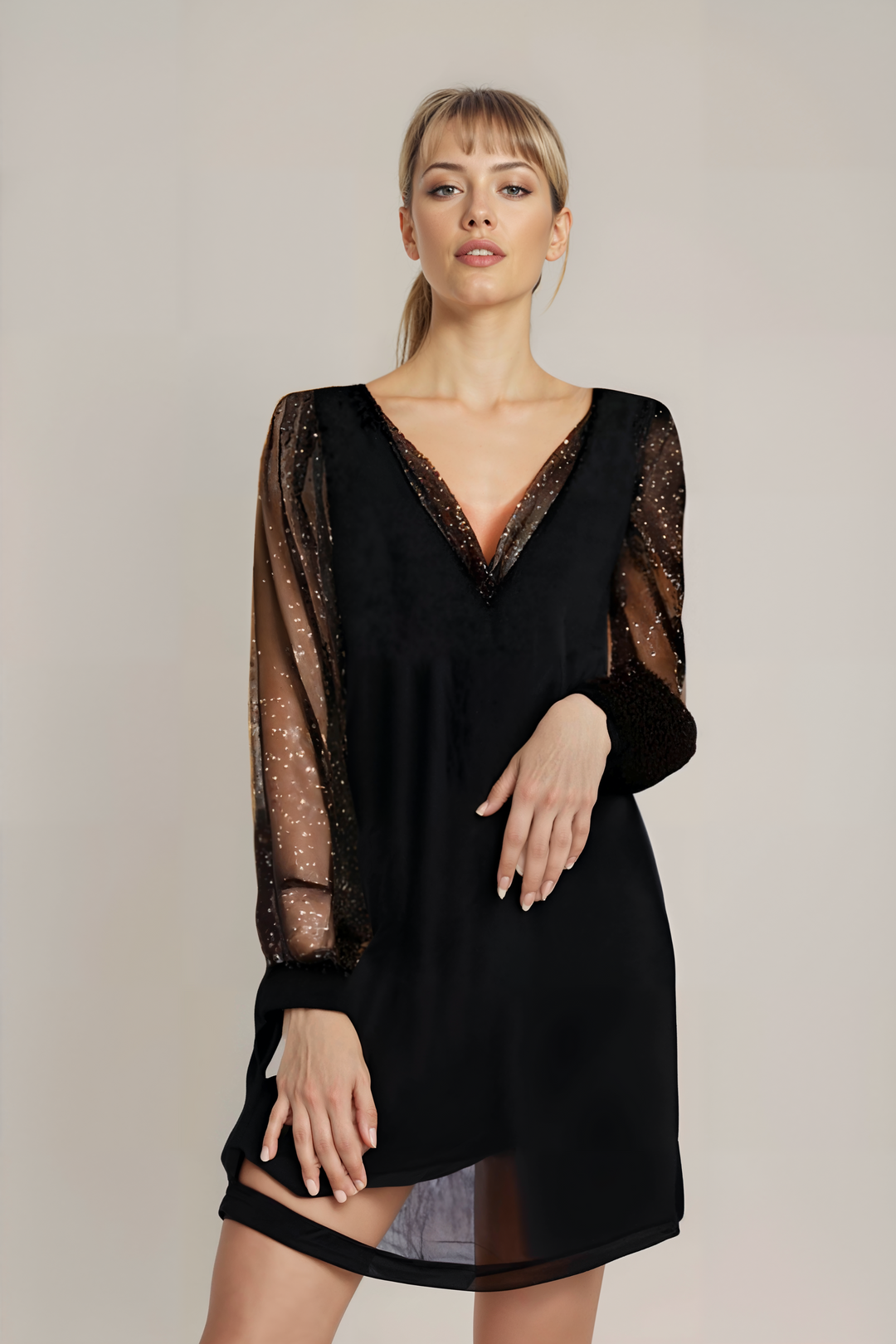 Elegant black midi dress for women, featuring delicate lace sleeves and a flattering V-neck, perfect for evening.