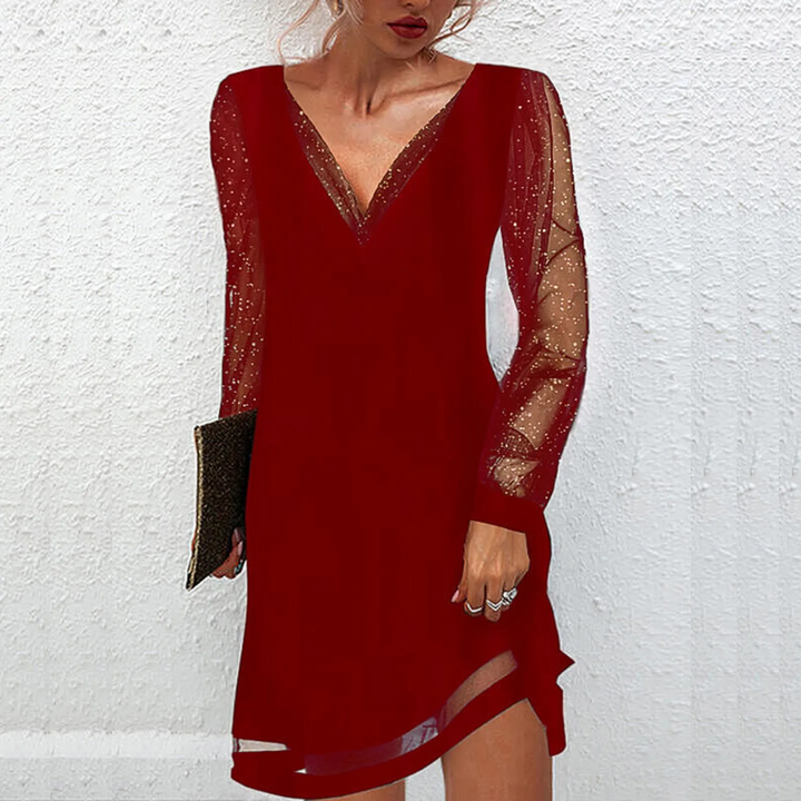 Chic green V-neck occasion dress for women, featuring elegant lace sleeves and a stylish midi length.