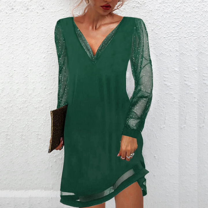 Formal women's evening dress with intricate lace sleeves, a sophisticated V-neck, suitable for elegant wear.