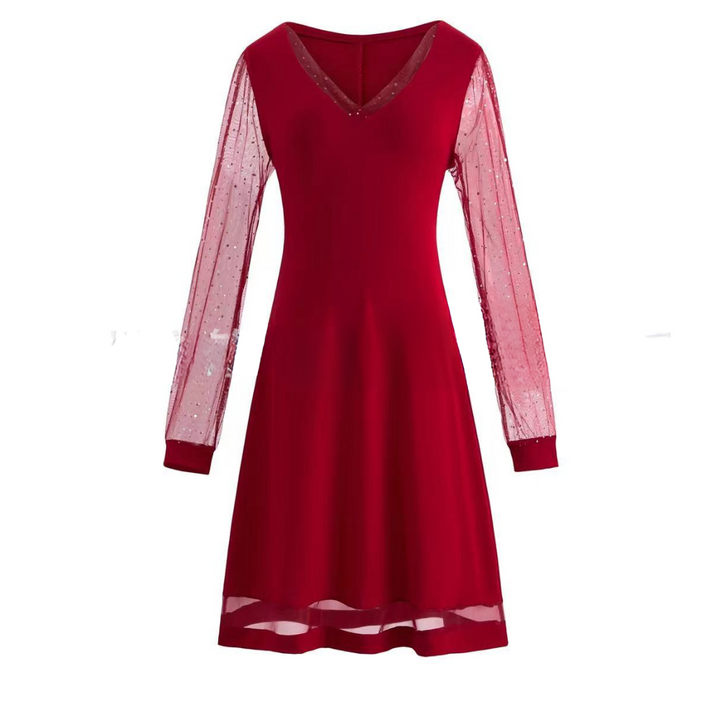 Beautiful women's party & occasion dress with elegant lace sleeves, a comfortable yet stylish midi design.