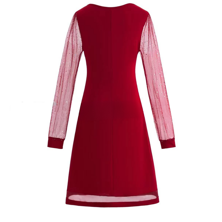Black women's elegant midi dress, featuring delicate lace sleeves and a flattering V-neck, ideal for formal wear.