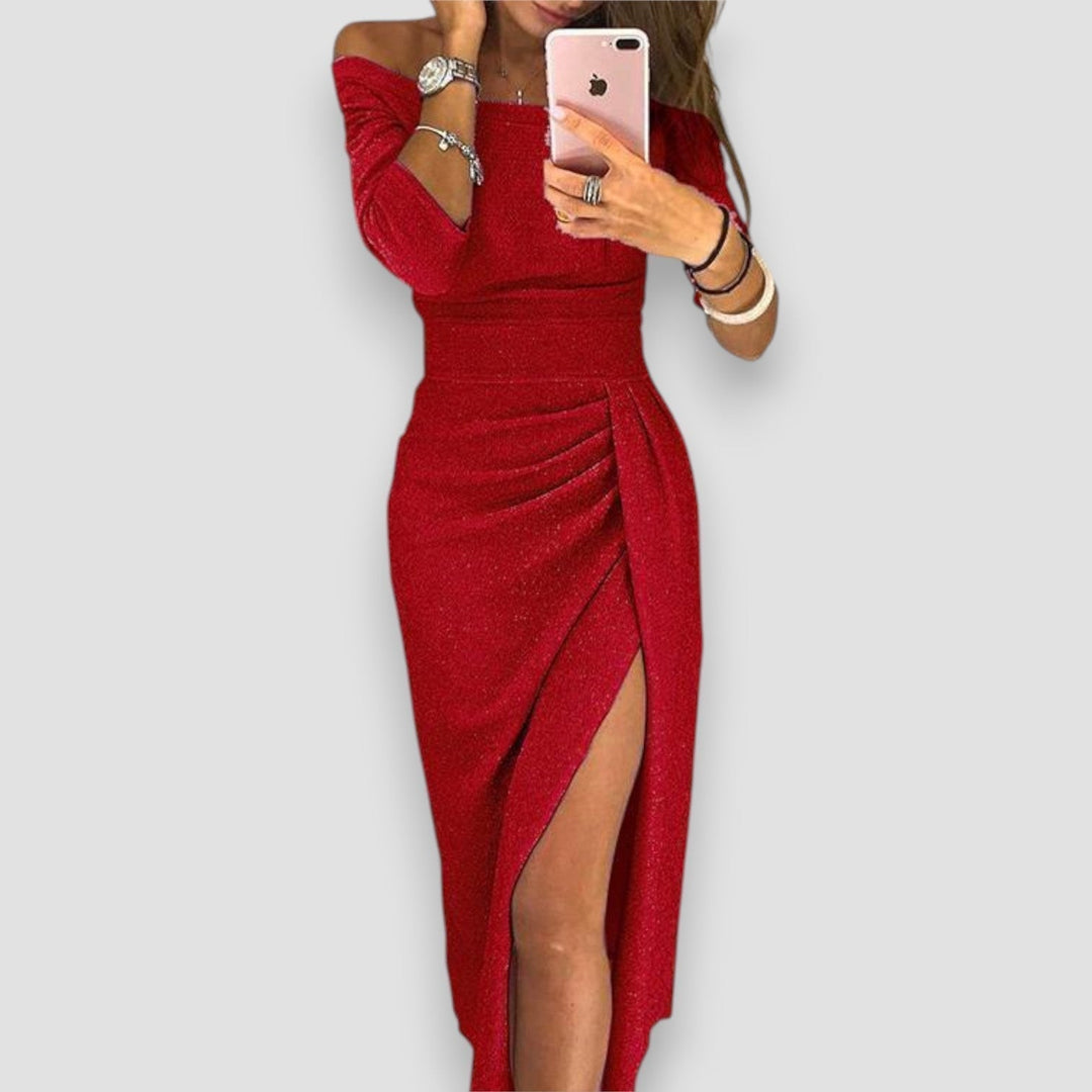 Formal black off-shoulder dress for women, featuring an elegant design for evening wear.