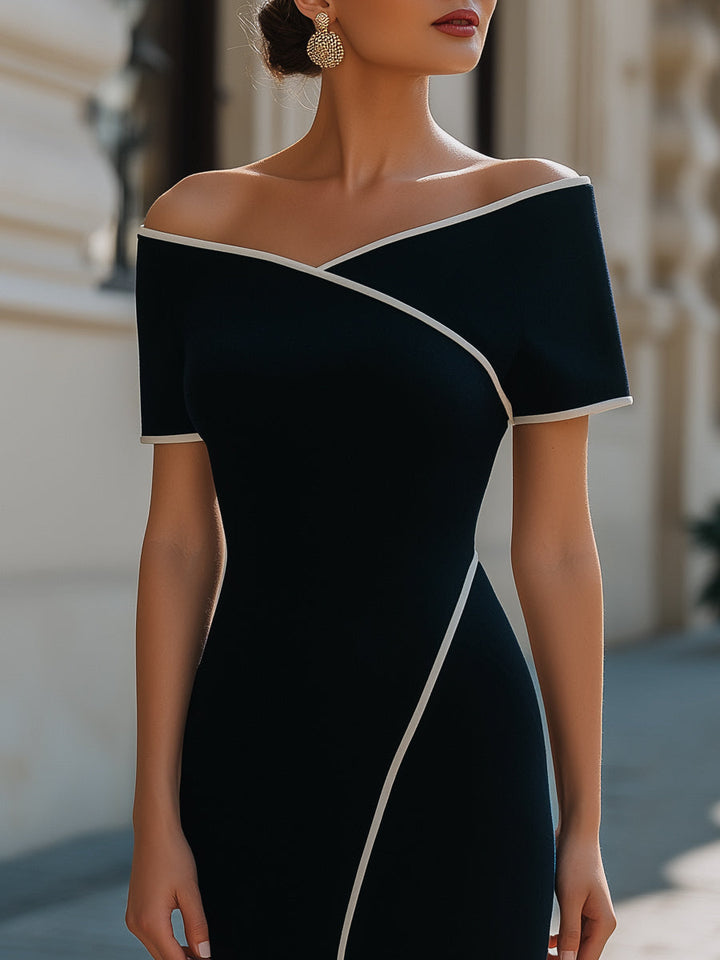 Stylish women's off-shoulder black cocktail dress, a sleek tailored sheath dress with elegant contrast trim.