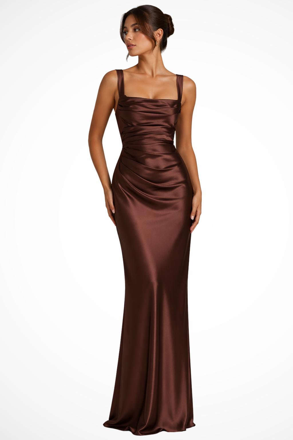Stylish women's long ruched square neck formal gown, perfect for wedding guests & cocktail parties.