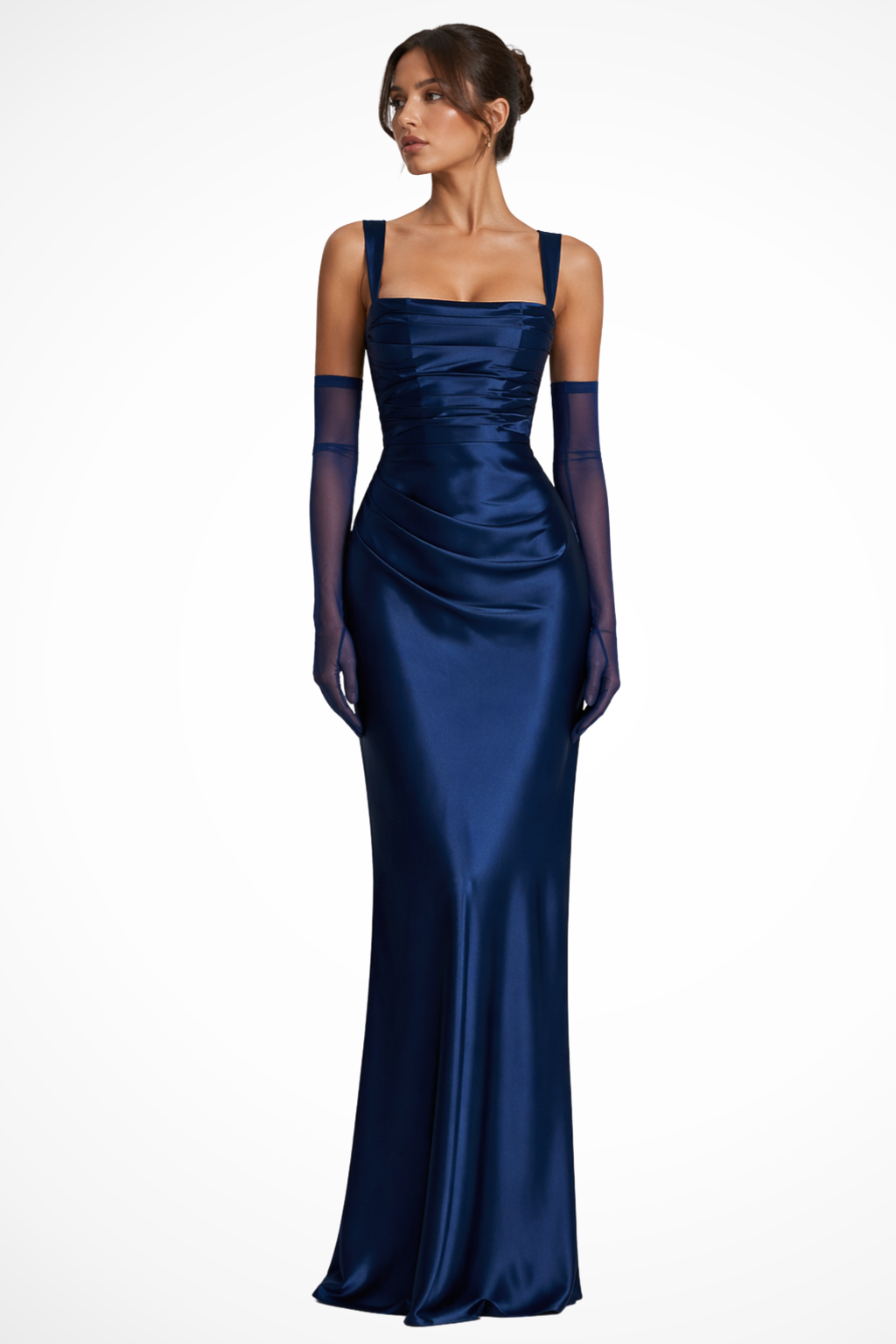 Chic black women's square neck maxi dress with elegant ruching, a versatile choice for formal or evening events.