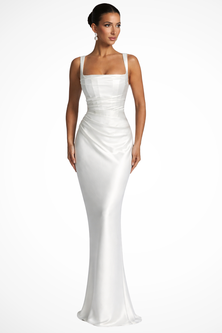 Comfortable women's navy blue ruched maxi dress with a square neckline, great for galas & special occasions.