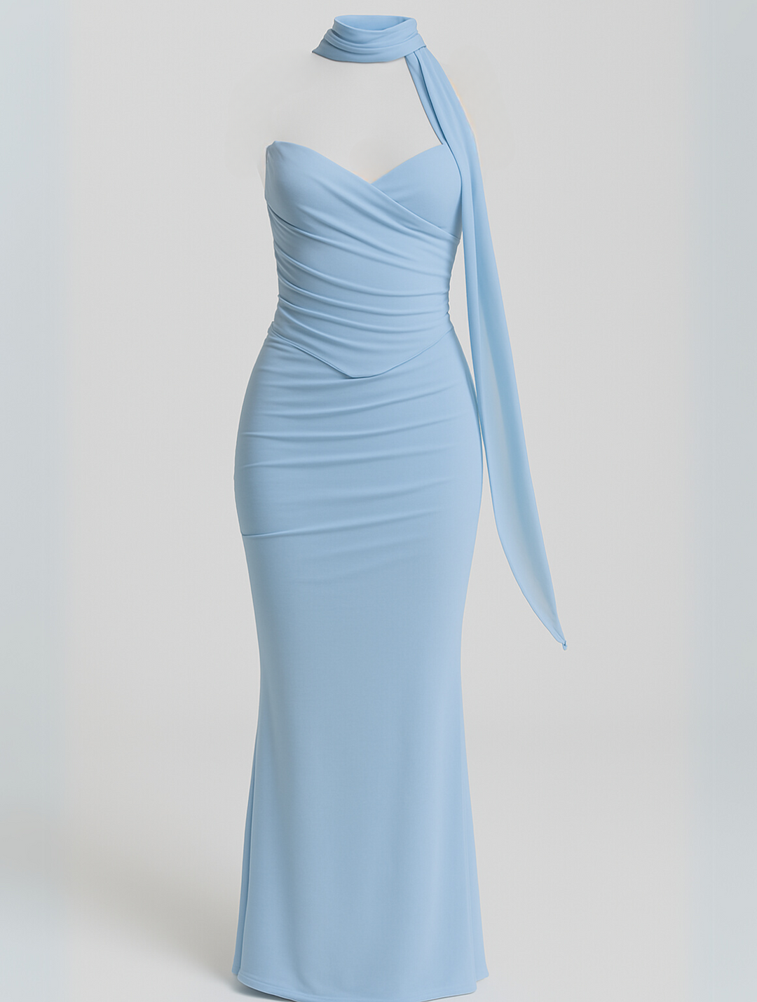 Formal red strapless choker maxi dress for women, elegant evening wear with a modern choker.