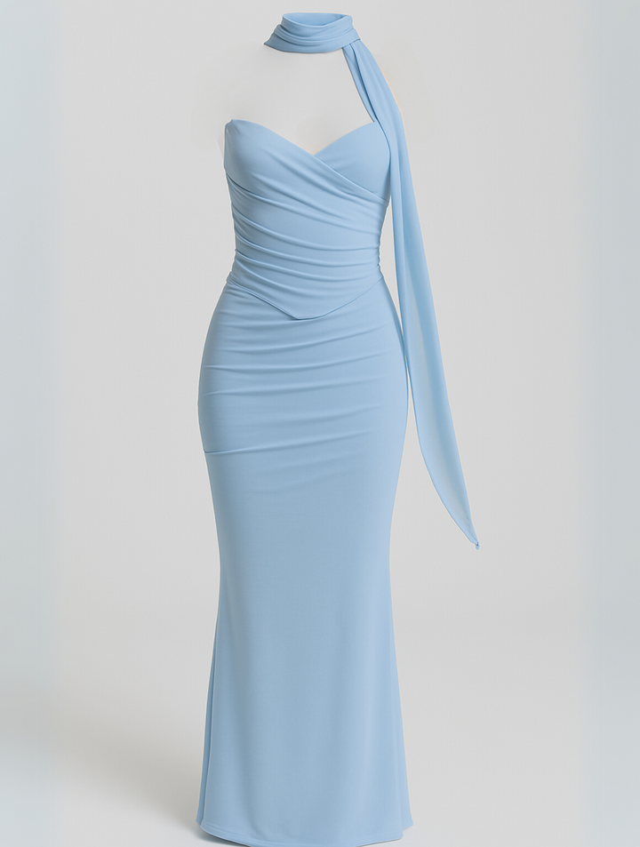 Formal red strapless choker maxi dress for women, elegant evening wear with a modern choker.