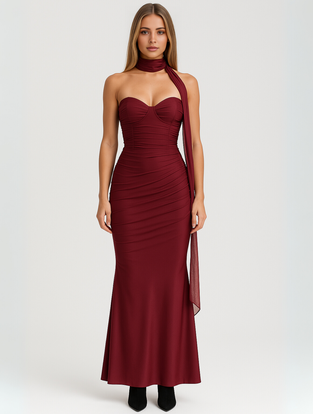 Sophisticated black strapless maxi dress with choker neck, ideal for formal women's events.