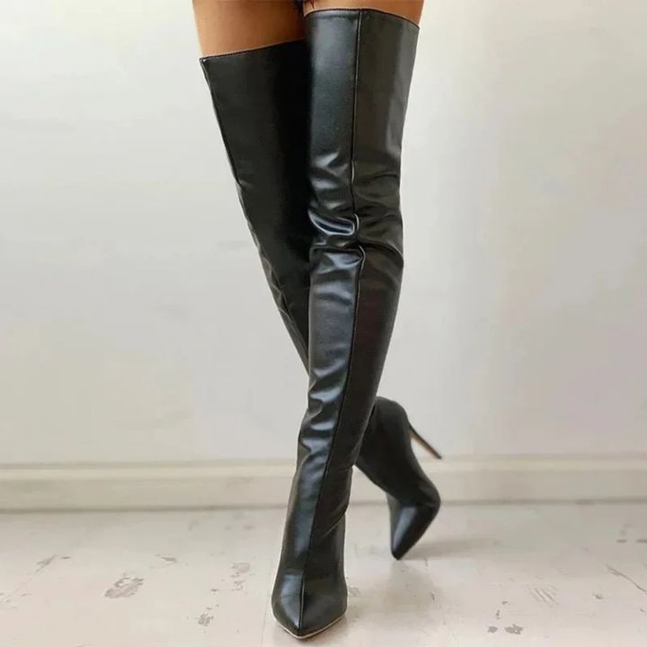 Seductive women's over-the-knee boots: pointed toe, high heel, & zipper. Chic fashion footwear for parties & events.
