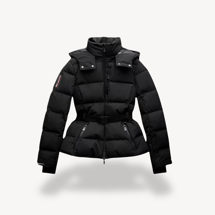 Elegant black women's belted puffer jacket with hood, perfect for chic winter fashion & warmth.