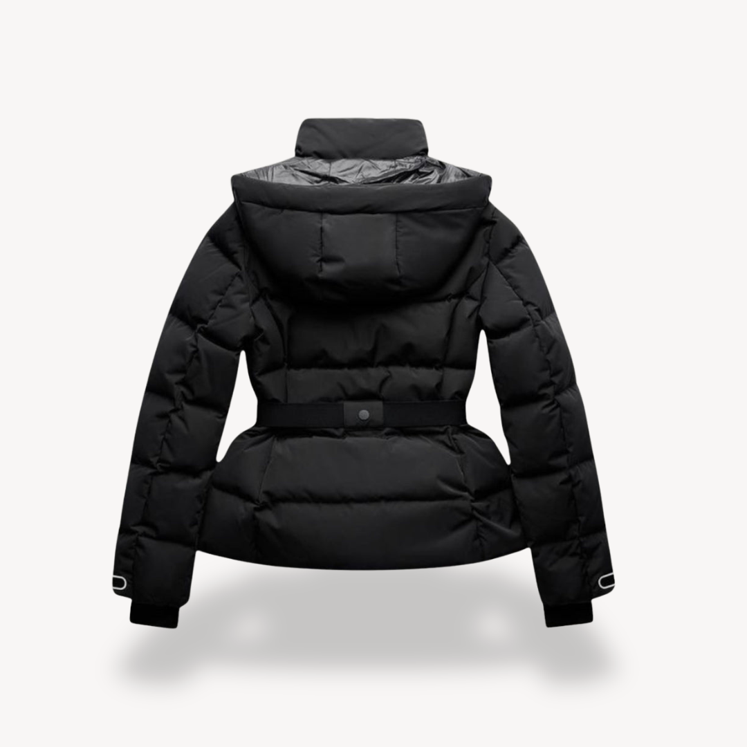 Warm quilted women's puffer jacket in black with an elegant belt, ideal for stylish winter outerwear.