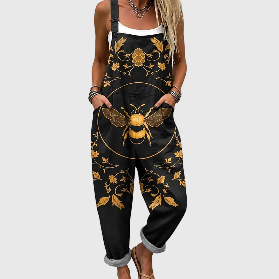 Elegant black women's jumpsuit with unique golden bee embellishment. Stylish & comfortable overalls, perfect for spring/summer.