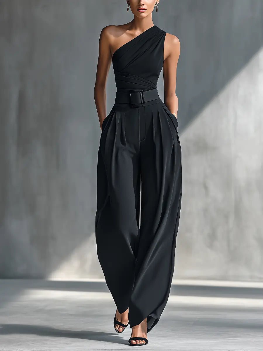 Elegant black women's one-shoulder top & wide-leg trouser set. Chic two-piece outfit for evening wear.