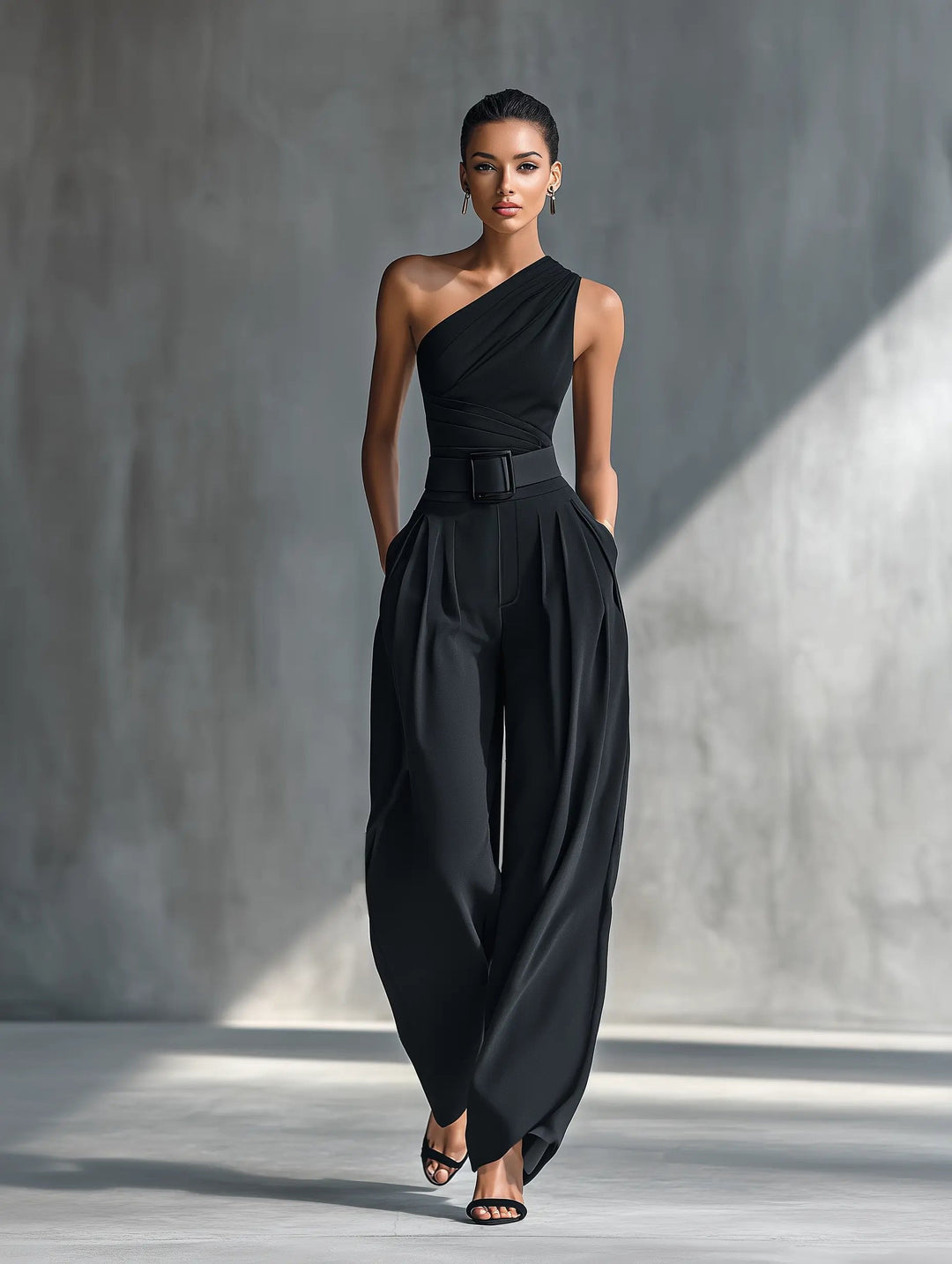 Modern women's one-shoulder wide-leg trouser set. Versatile black two-piece for day to night & sophisticated style.