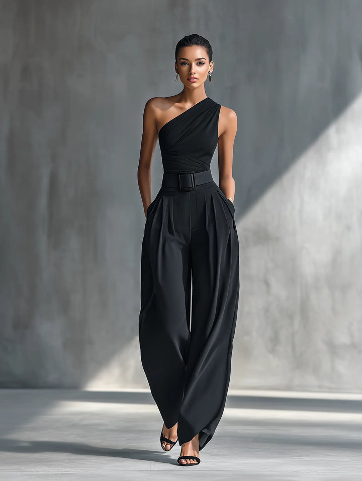Modern women's one-shoulder wide-leg trouser set. Versatile black two-piece for day to night & sophisticated style.