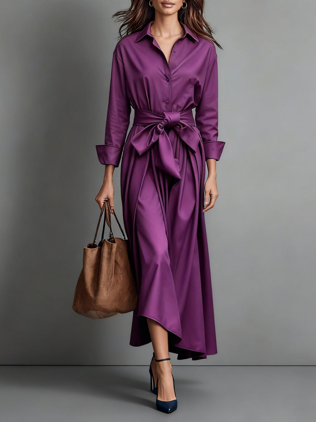 Elegant black women's wedding guest midi dress with shirt collar, perfect for formal occasion wear or parties.