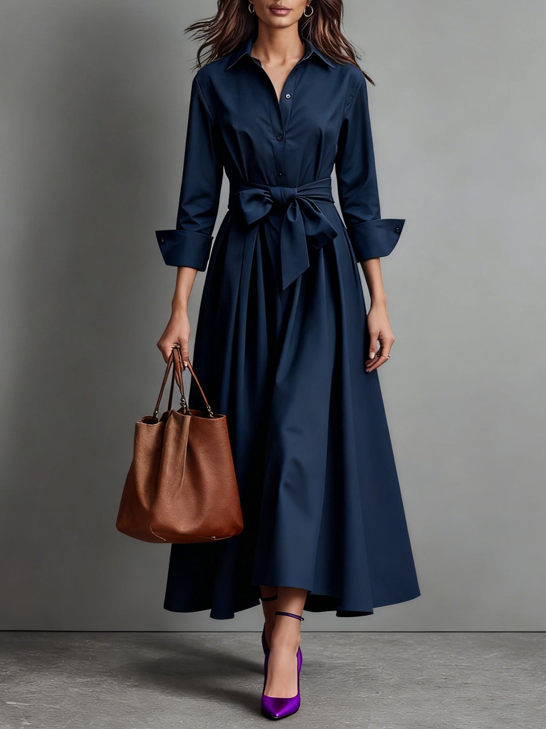 Chic navy tailored midi dress for women, featuring a stylish shirt collar, ideal for wedding guests & formal events.