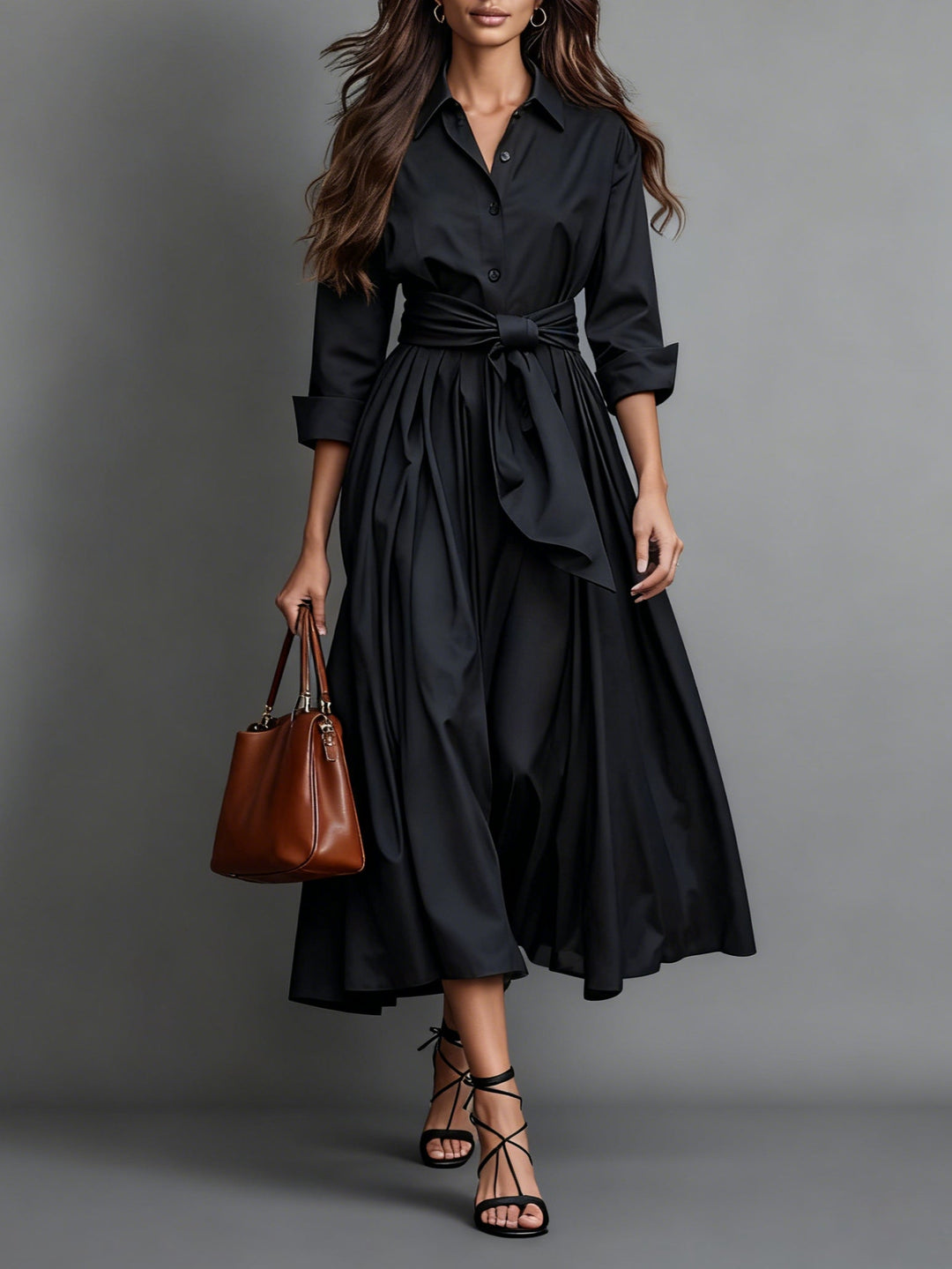 Beautiful beige women's midi dress with a sophisticated shirt collar, perfect elegant attire for wedding guests.