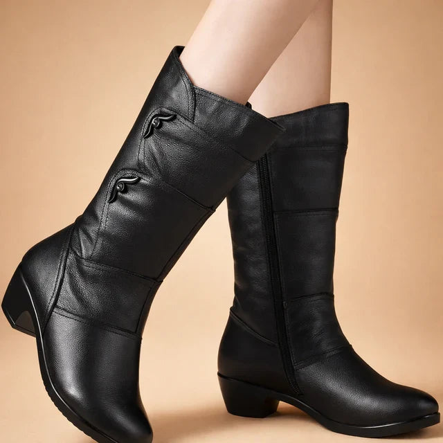 Zofia women's elegant mid-calf winter boots in black, offering comfort and style for cold weather with anti-slip soles.