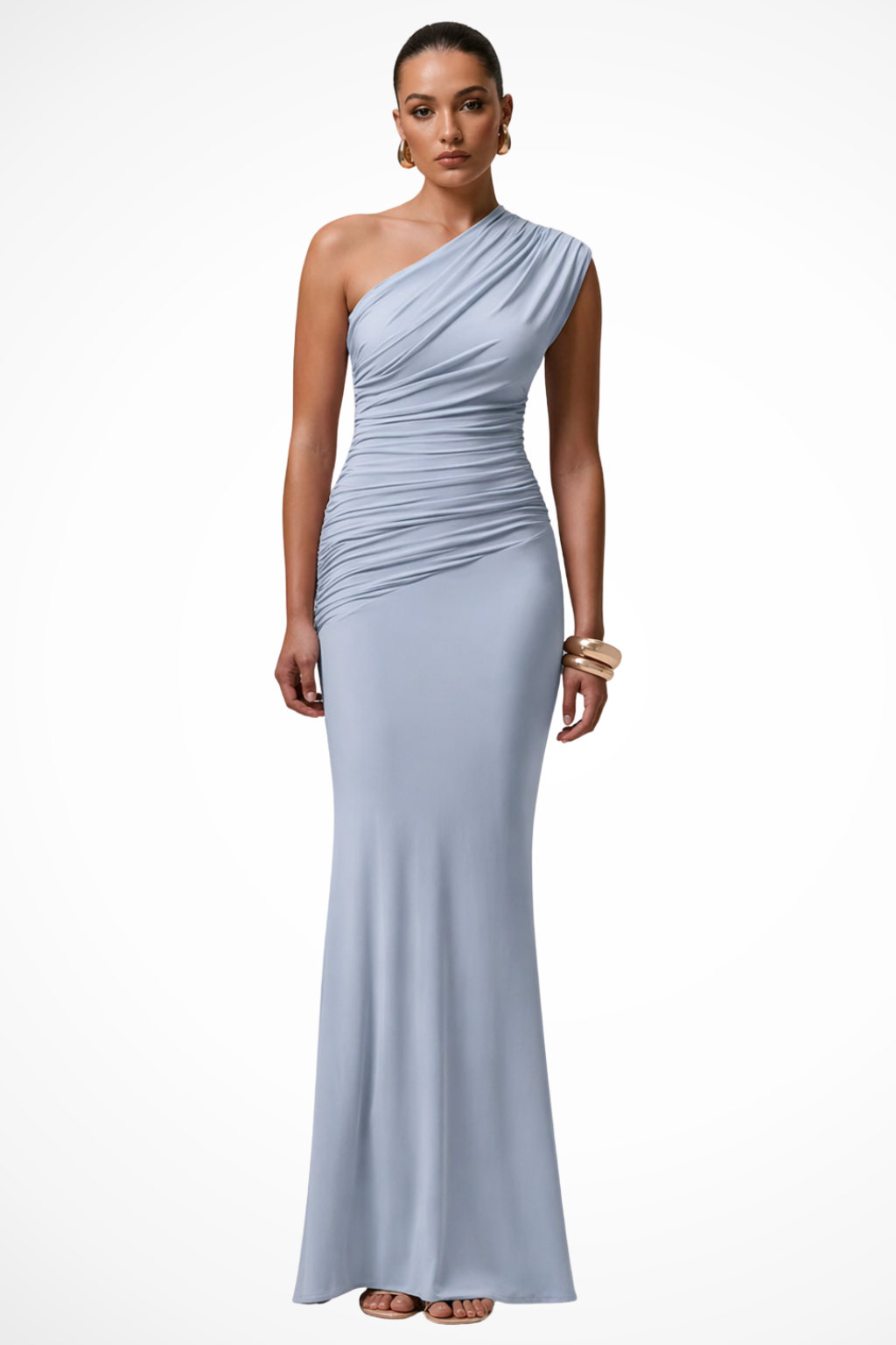 Elegant blue one shoulder ruched maxi dress for women, perfect for graduation, prom, or formal events.