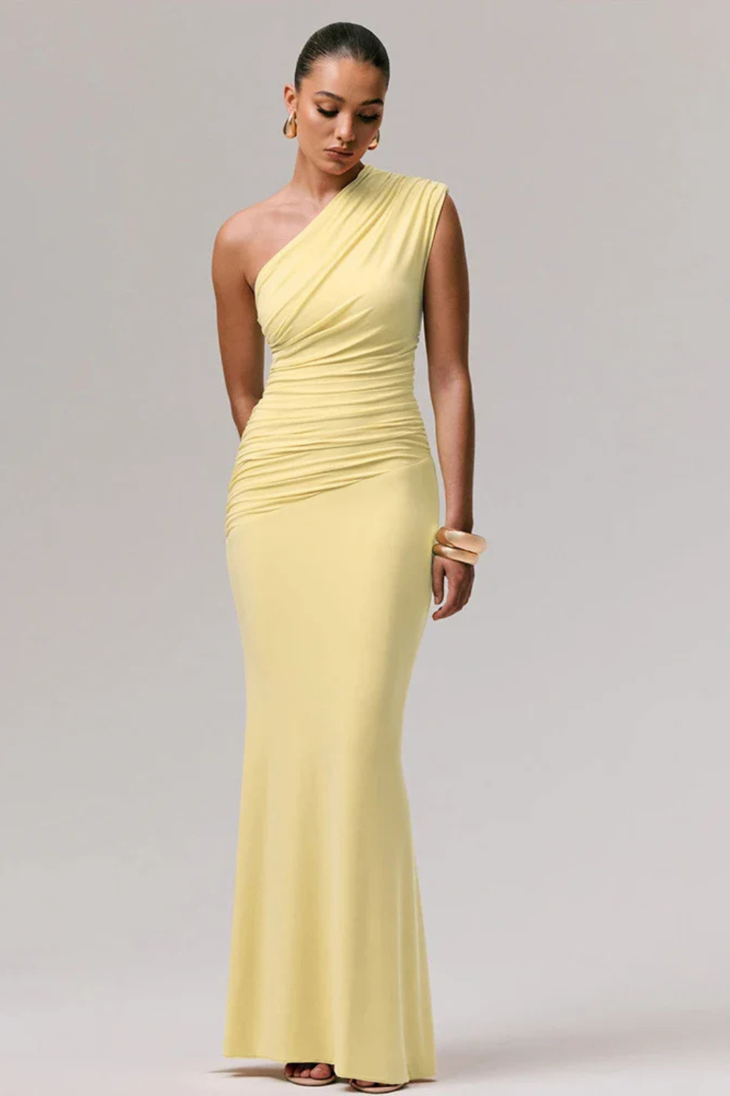 Stunning yellow one shoulder ruched maxi dress, an elegant formal gown for special occasion and prom.