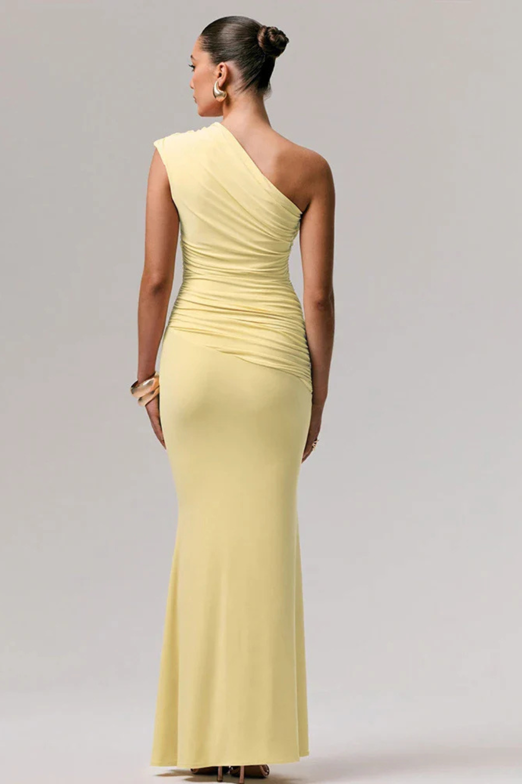 Women's classy one shoulder ruched maxi dress. Ideal formal or evening gown for graduation & events.