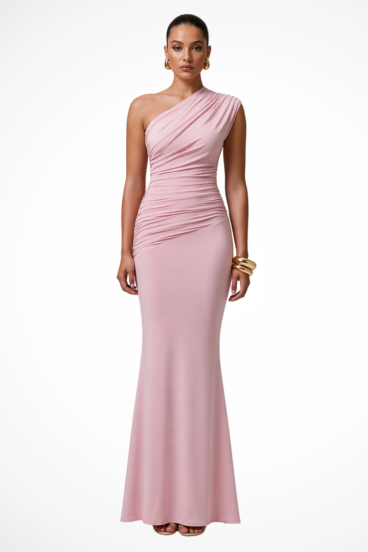 Chic one shoulder ruched maxi dress for women. Elegant graduation, prom or party dress with fitted style.
