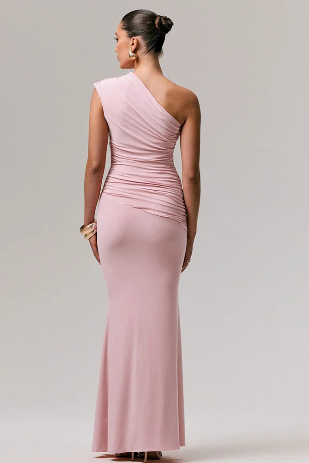 Graceful pink one shoulder ruched maxi dress, a perfect formal or special occasion dress for women.