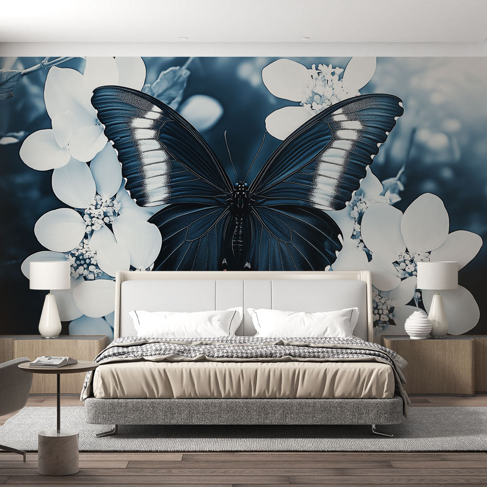 Elegant blue & white butterfly floral wall mural. Peel and stick, decorative nature wallpaper for a stylish home interior.
