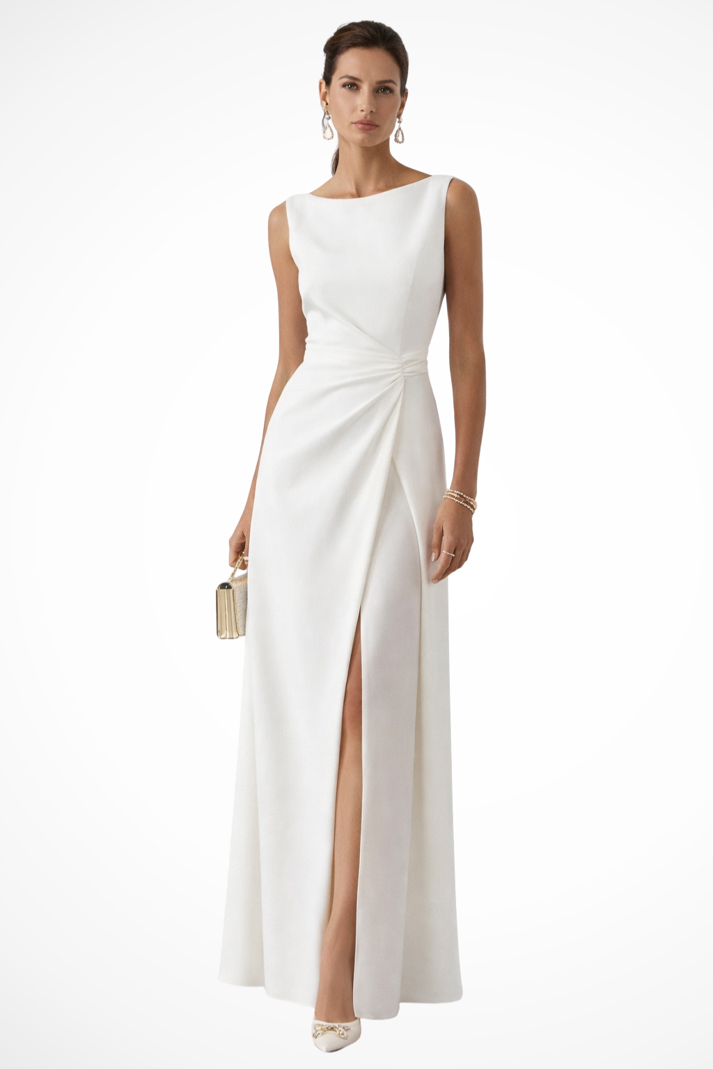 Elegant boat neck sleeveless maxi dress for women, perfect as a wedding guest or formal party attire with draped waist.