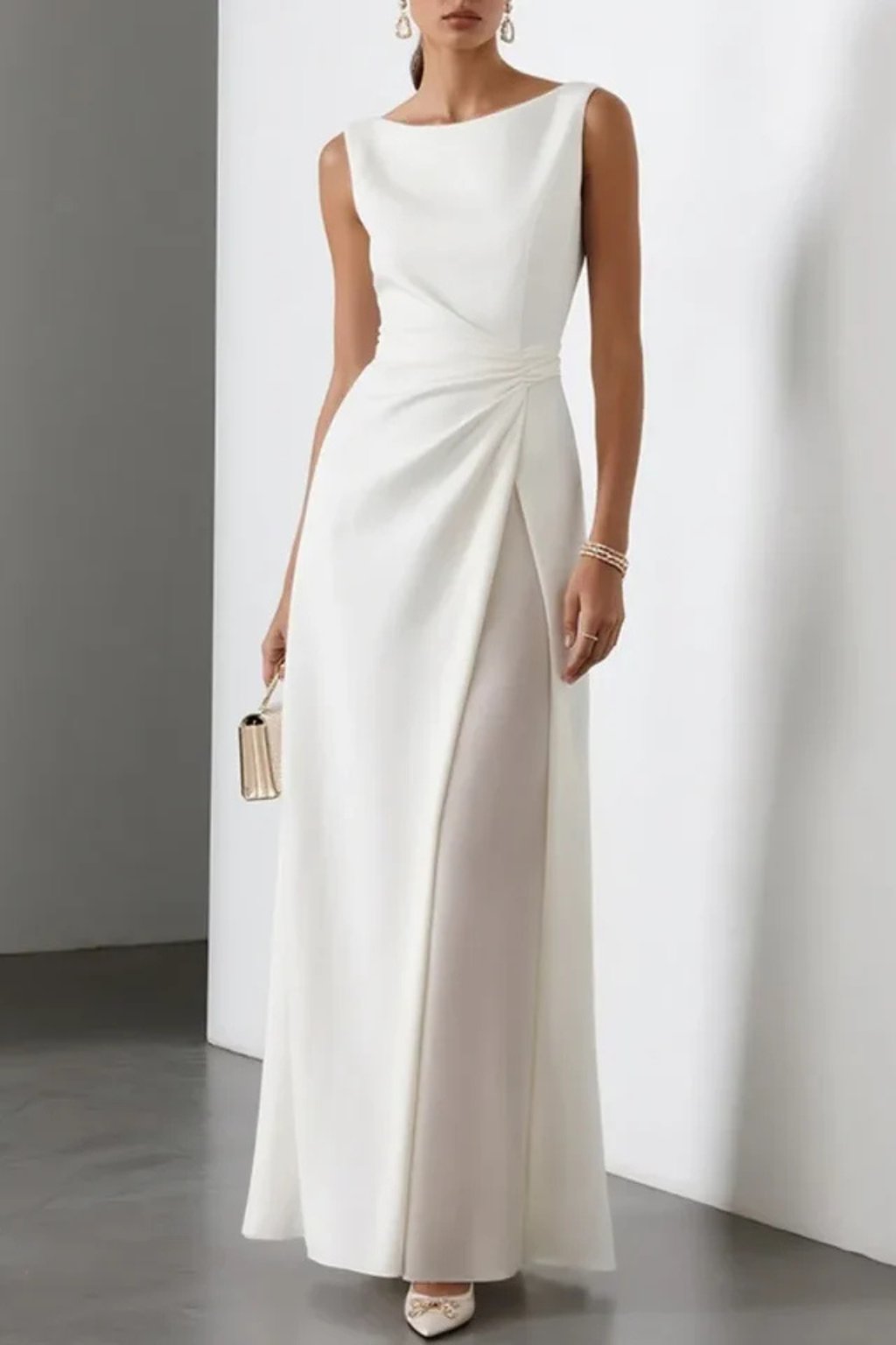 Women's elegant maxi dress, boat neck & sleeveless, ideal formal wedding guest gown for special occasions.