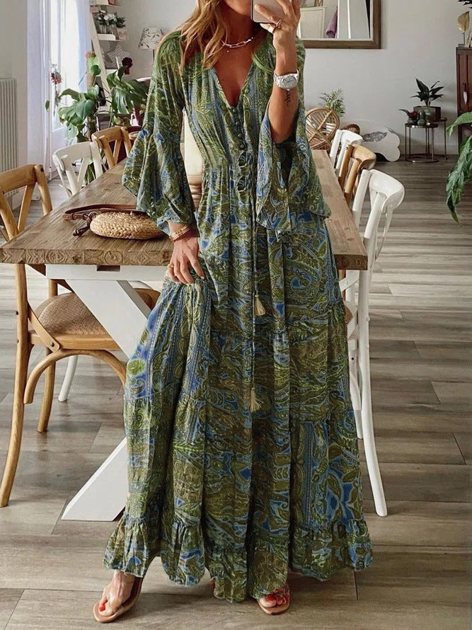 Comfortable bohemian maxi dress, ideal beachwear or festival outfit for women.