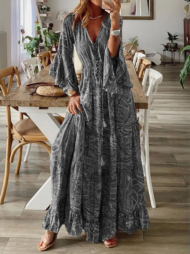 Elegant long paisley print dress, a flattering bohemian design for women.