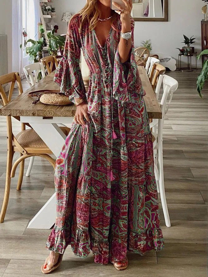 Versatile women's paisley maxi dress, great for beach, vacation or festival.