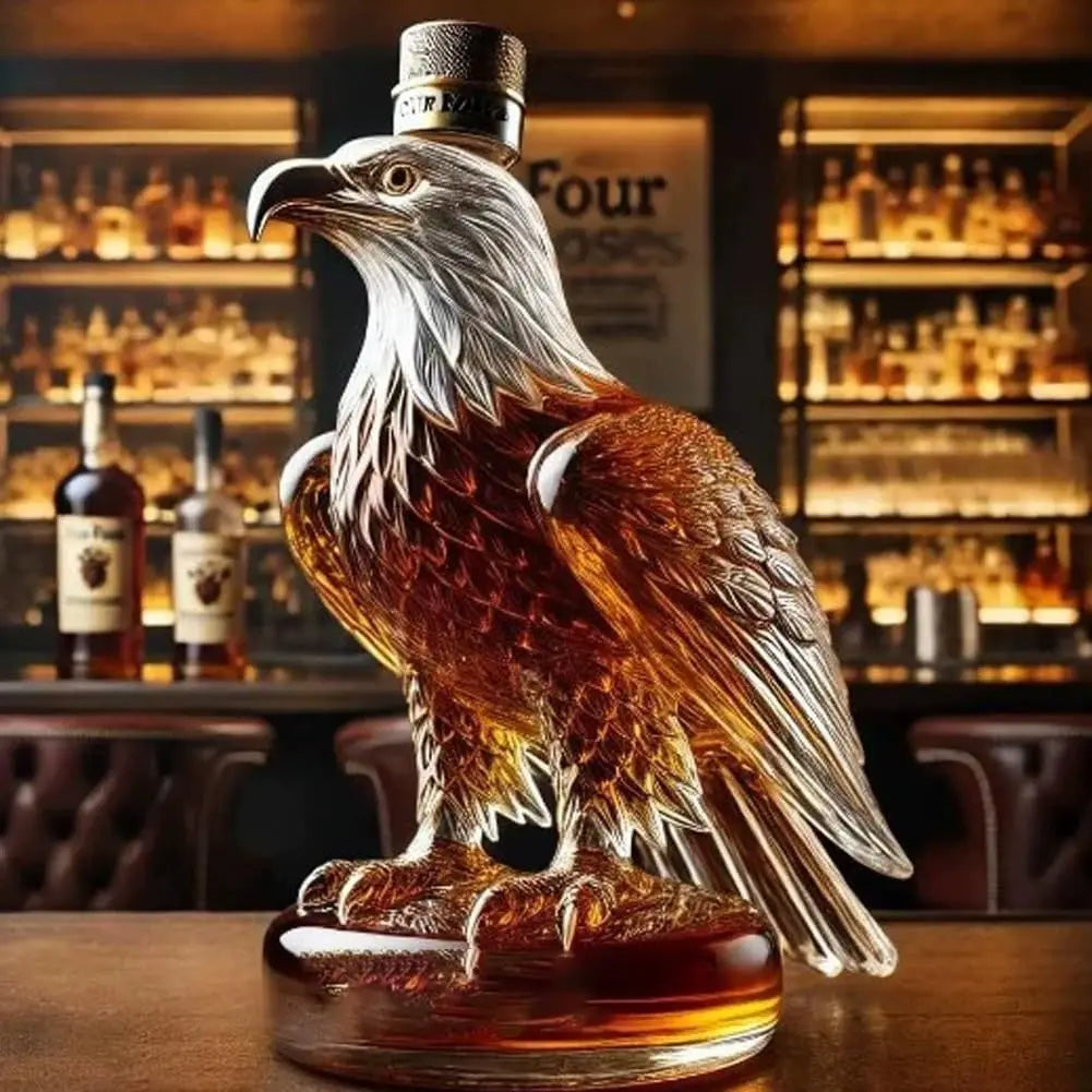 Unique eagle whisky decanter, stylish borosilicate glassware for serving and displaying fine spirits & liquor.